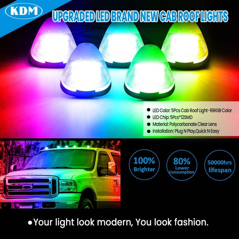 KDM RGB Full Led Clear Lens Cab Roof Top Marker Lights assembly Fit for 1999-2016 Ford F250 F350 F450 F550 F650 F750 E150 E250 E350 E450 Super Duty,Multi-Color Mounted Running Clearance,5Pcs Pack - Image 2